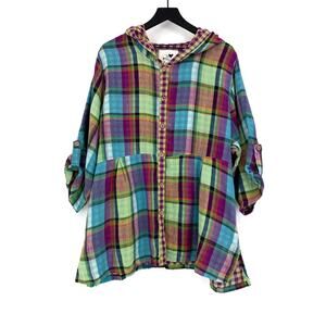 PRODUCE COMPANY Cotton Gauze Long Sleeve Shacket Neon Plaid 2XL